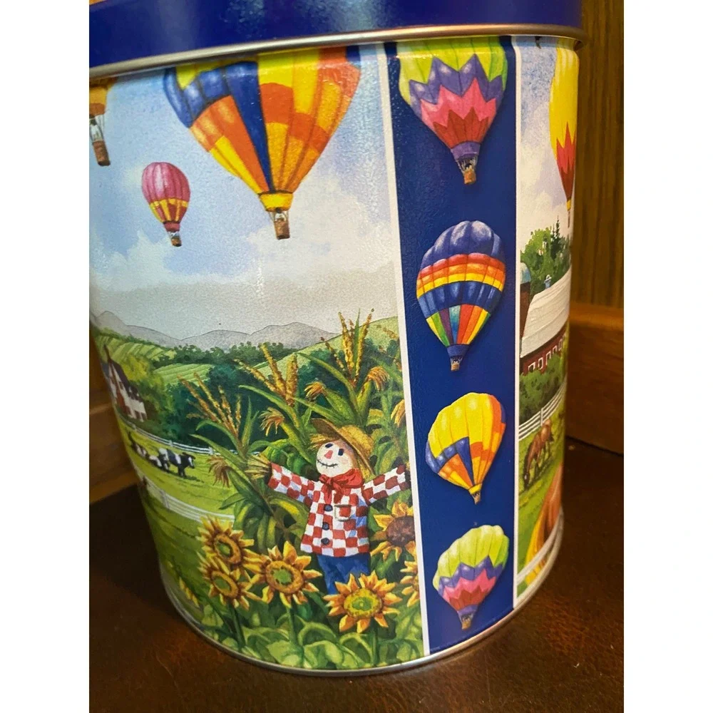 Vintage‎ Farmhouse Tin Hot Air Balloons Horses Country Scene Blue Lid Cottgecore